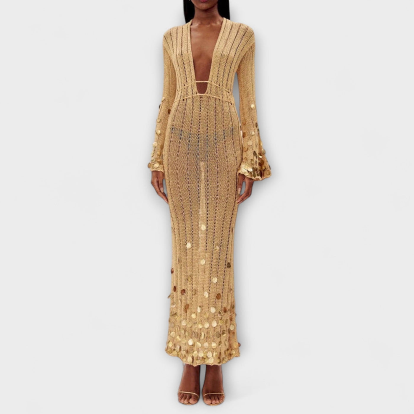gold knit maxi dress Atticus Knit Maxi Dress With Sequin / Gold | MESHKI