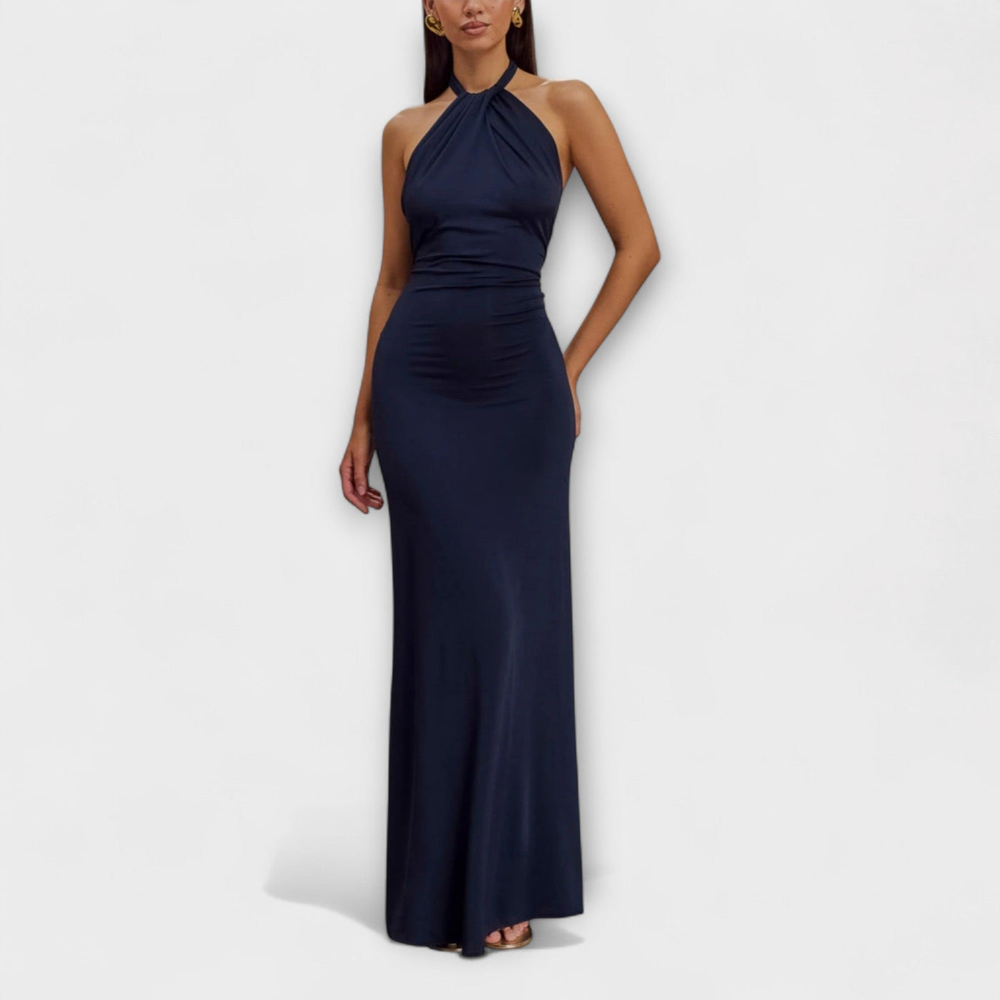 slinky halter maxi dress Meshki - Indira Gathered Slinky Halter Maxi Dress - Mahogany